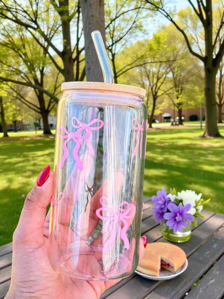 close up aesthetic vinyl cup pink bows girly drinkware glass detail