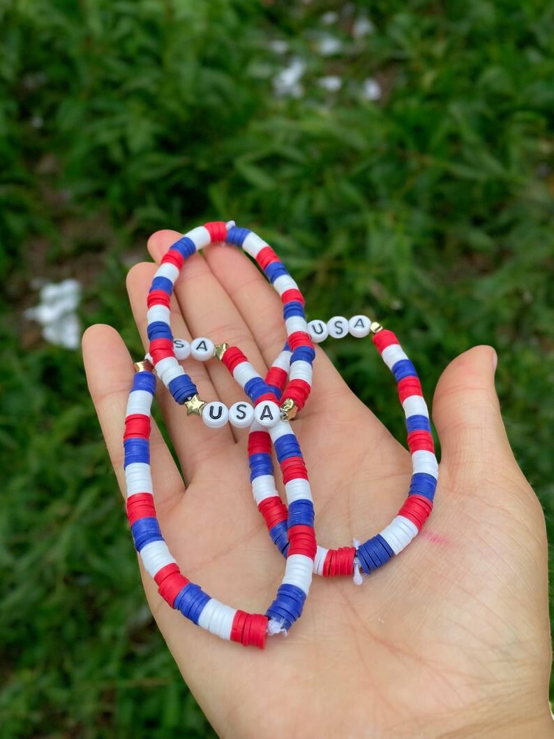 usa star bracelet red white blue patriotic beaded jewelry cute design