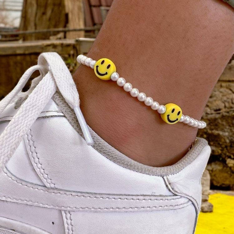 yellow smiley anklet white pearls happy face charm aesthetic ankle bracelet