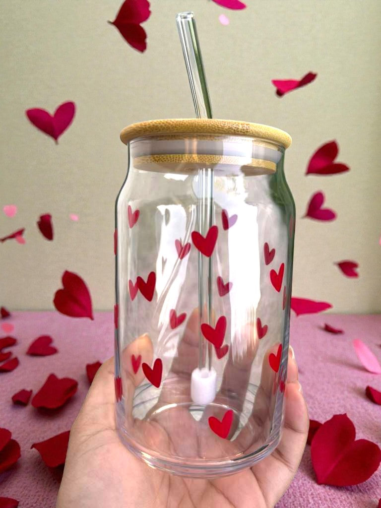cute glass cup with red heart vinyl design reusable aesthetic drinkware lifestyle