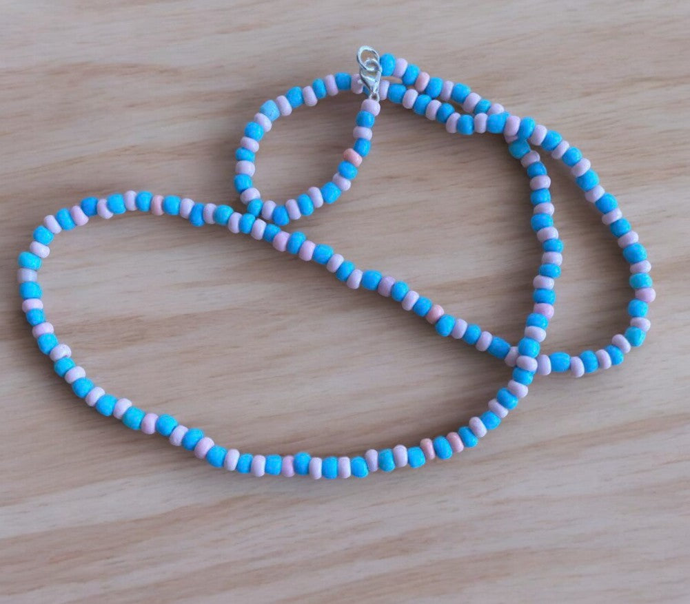 Pink and Blue Beaded Necklace - Ka_creative_art