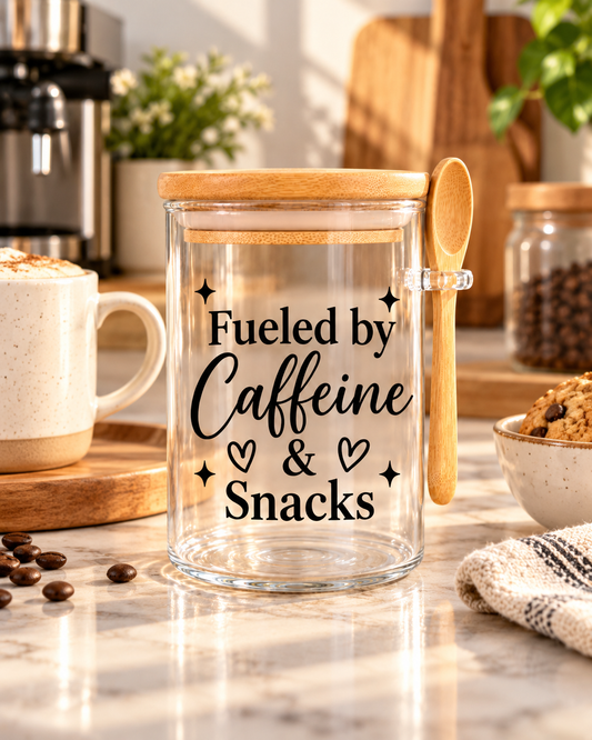 Fueled By Caffeine & Snacks Kitchen Glass Jar