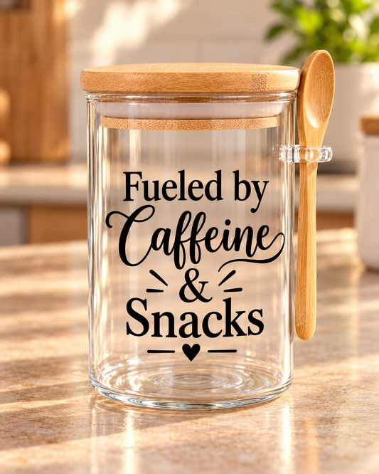 Fueled By Caffeine & Snacks Kitchen Glass Jar