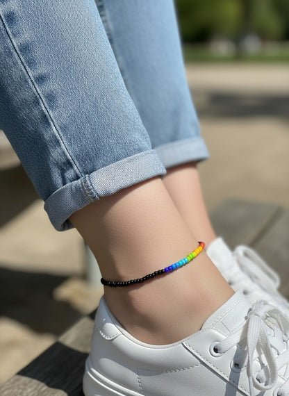 close up rainbow anklet colorful beaded jewelry detail aesthetic