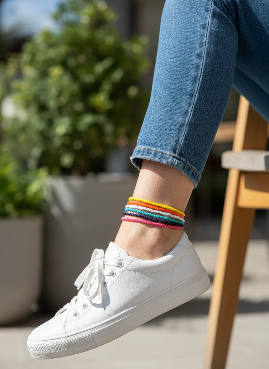 close up stretch anklet beaded ankle bracelet adjustable detail aesthetic