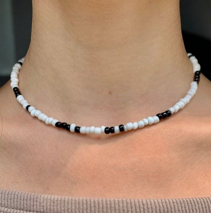 black and white choker minimalist beaded necklace aesthetic design