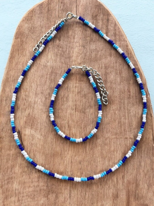 blue seed bead jewelry set bracelet necklace handmade aesthetic design