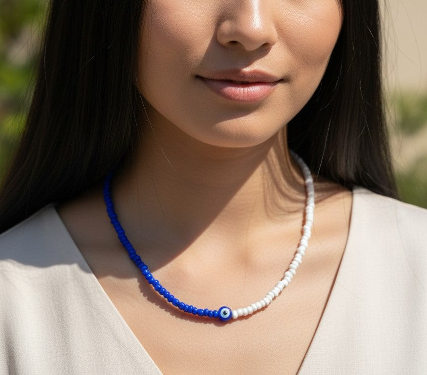 blue and white eye beads necklace simple aesthetic jewelry design