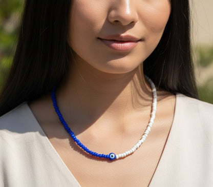 blue and white eye beads necklace simple aesthetic jewelry design