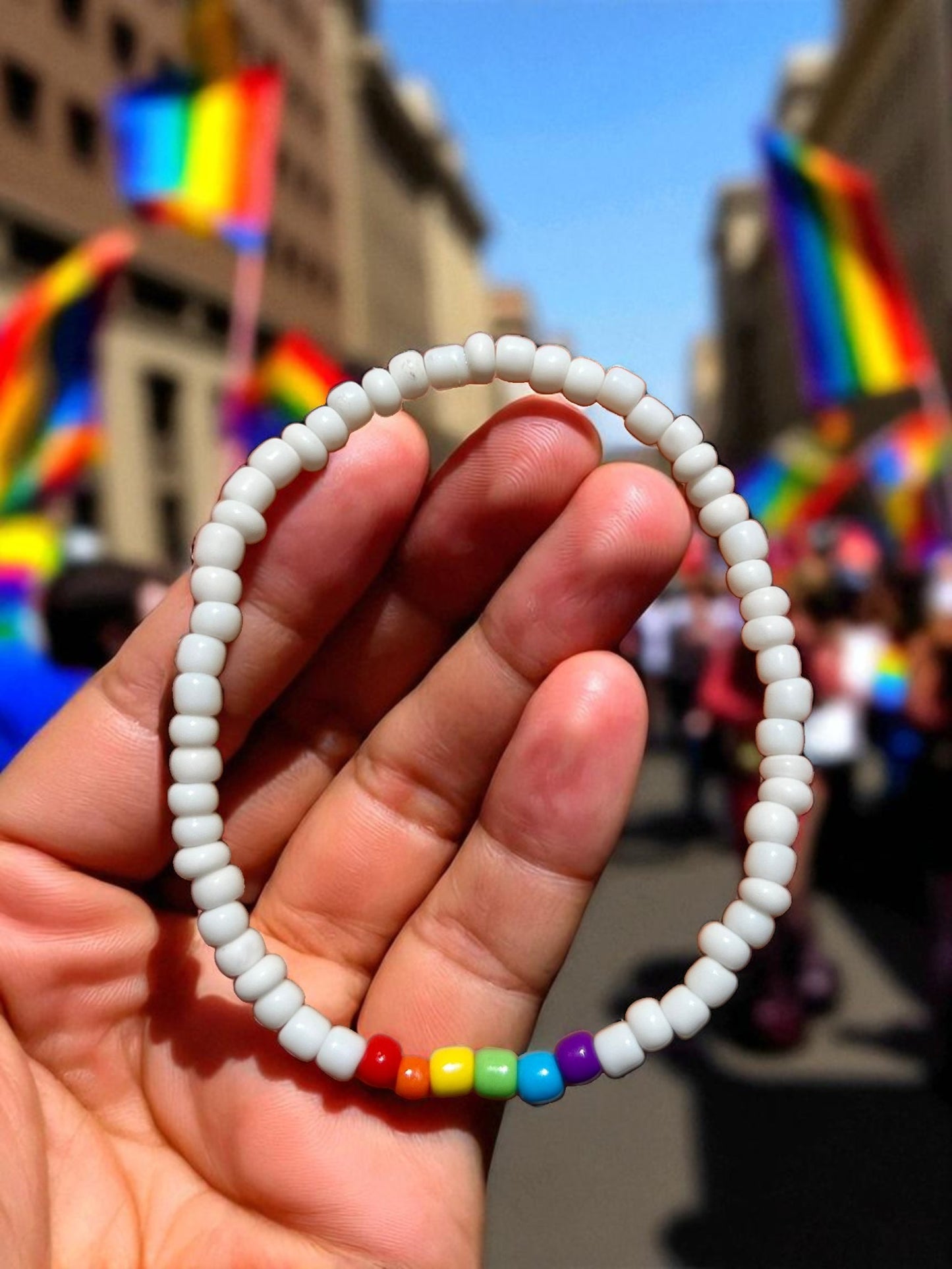 close up pride rainbow bracelet colorful beads LGBTQ jewelry detail
