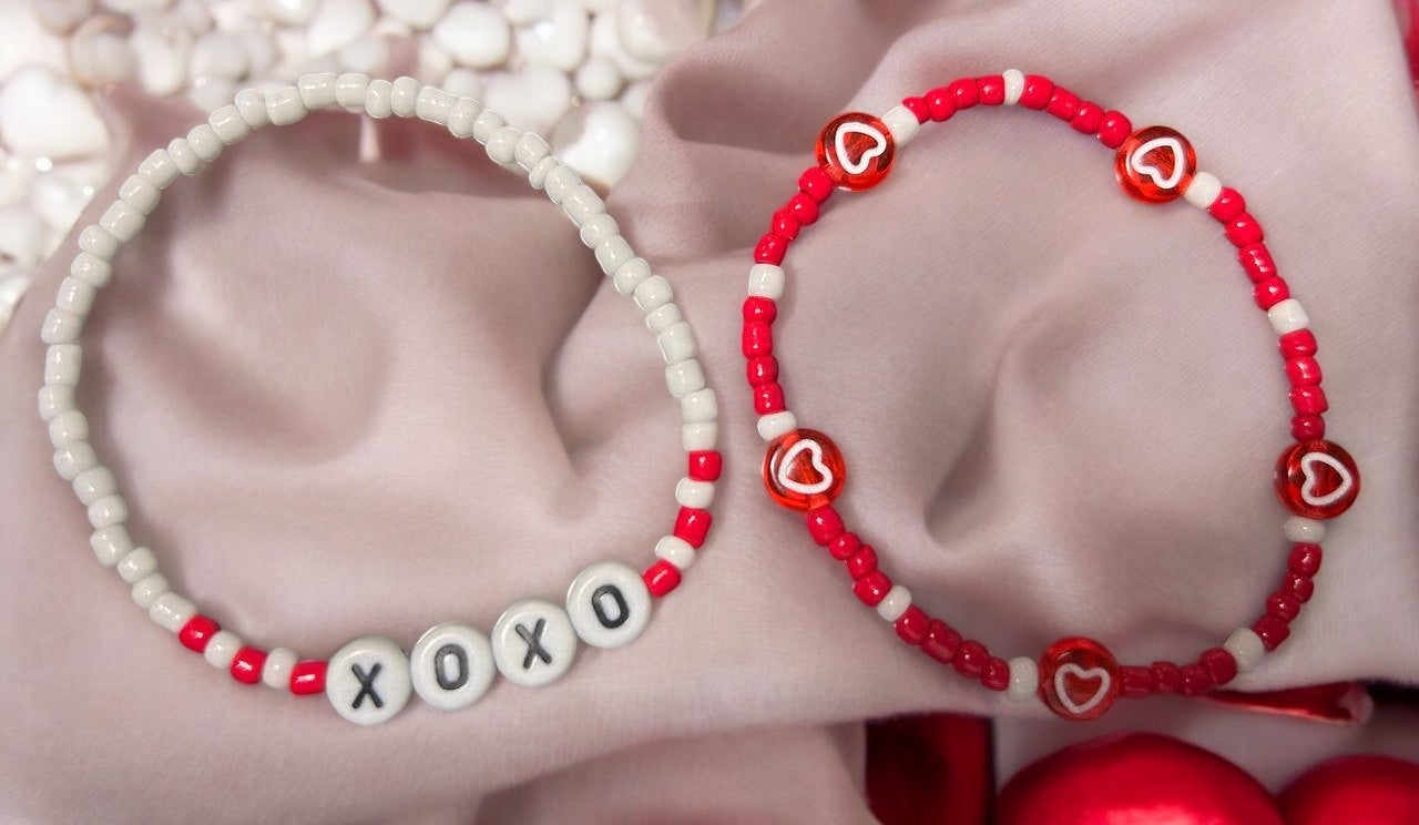 close up valentines stack bracelet set romantic beaded jewelry detail
