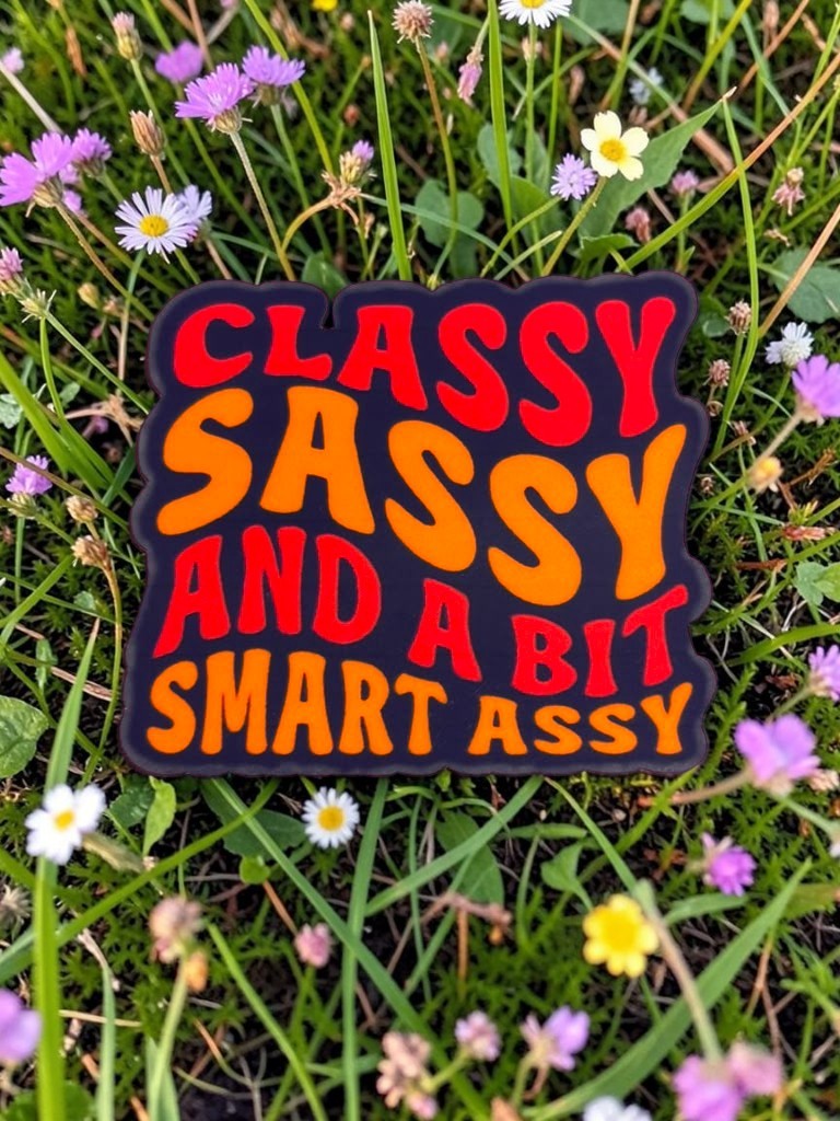 Permanent Sticker with text 'CLASSY SASSY AND A BIT SMART ASSY' on a grassy background with flowers.
