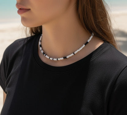 close up black white choker beaded necklace detail aesthetic jewelry