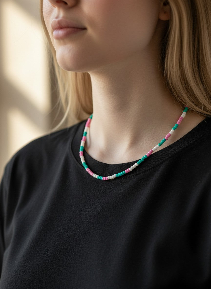 close up pink white turquoise choker beaded jewelry aesthetic detail