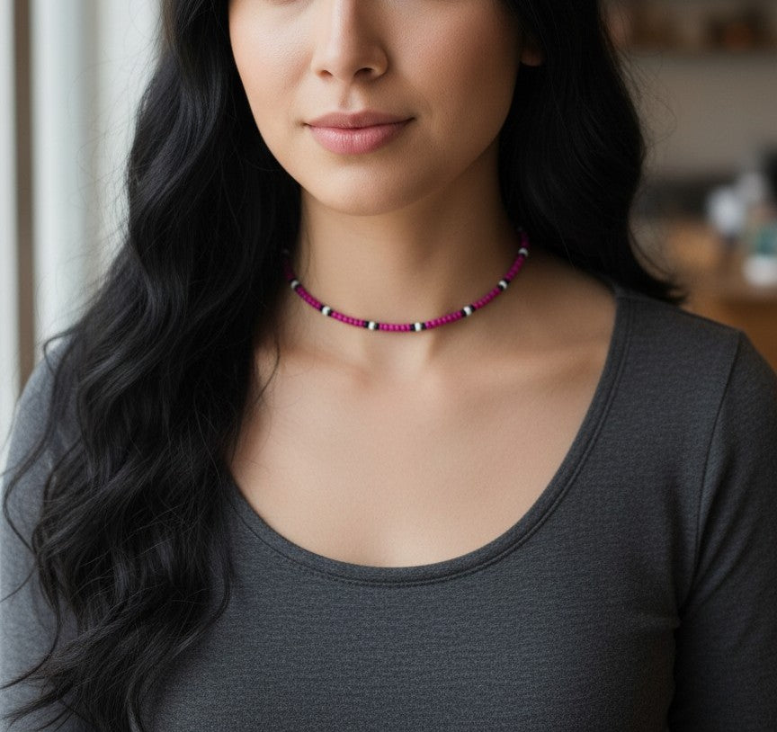 close up fuchsia black white seed choker beaded jewelry detail aesthetic
