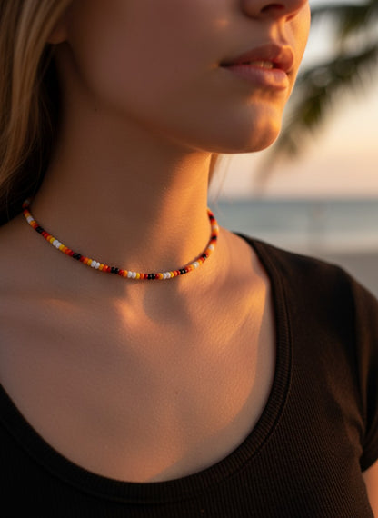 close up desert sun beaded choker warm boho jewelry detail