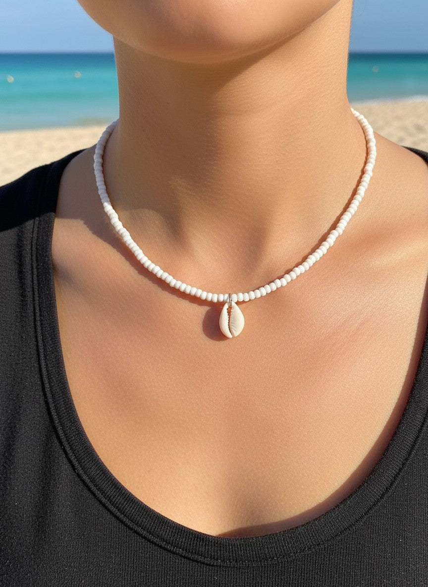 close up white shell choker beach jewelry aesthetic detail design