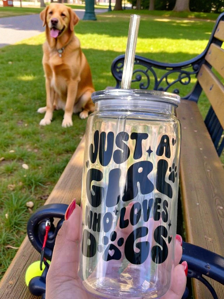 close up aesthetic vinyl cup just a girl who loves dogs dog lover cup detail