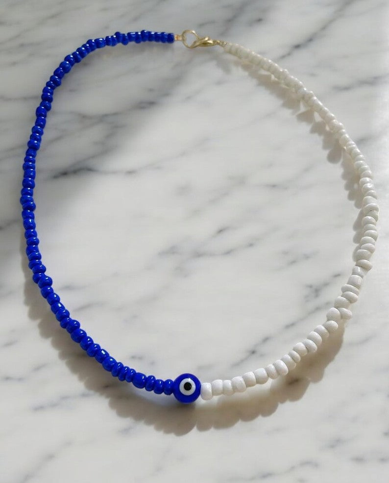 blue white eye beads necklace styling simple aesthetic jewelry outfit look