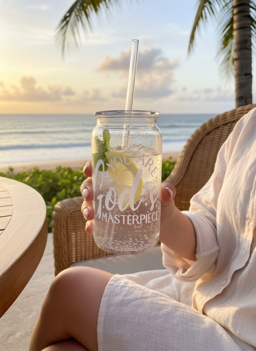 close up vinyl cup you are god’s masterpiece inspirational faith drinkware detail