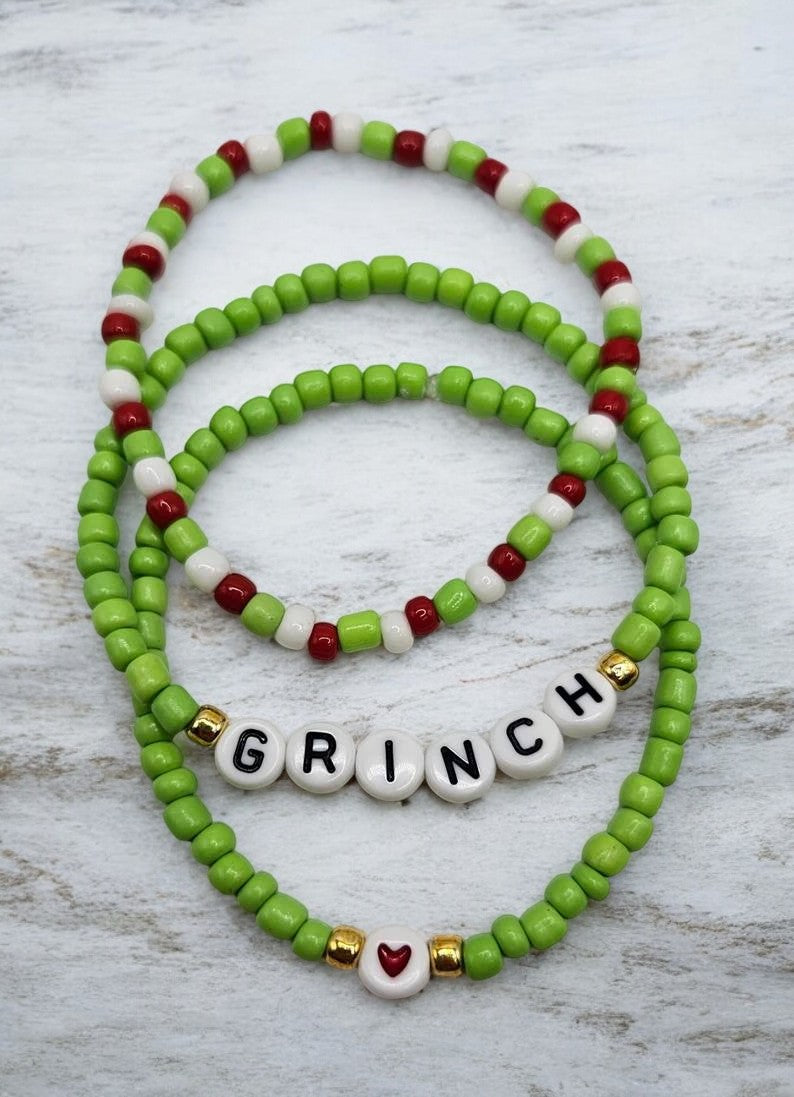 green christmas monster bracelet set holiday beaded jewelry cute design