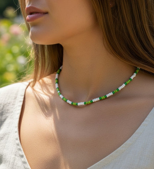 green and white skinny necklace minimalist beaded aesthetic jewelry design