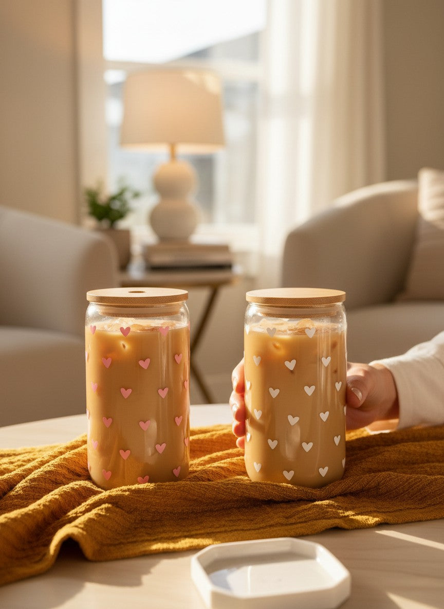 cute hearts vinyl cup aesthetic girly drinkware glass cup design