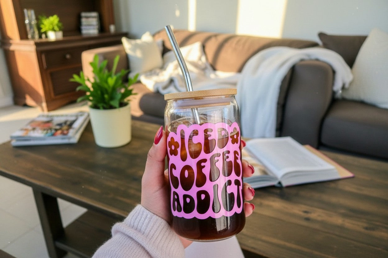 aesthetic iced coffee vinyl cup coffee addict drinkware design