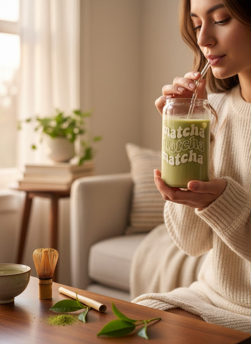 iced matcha drink in aesthetic vinyl cup close up drinkware detail