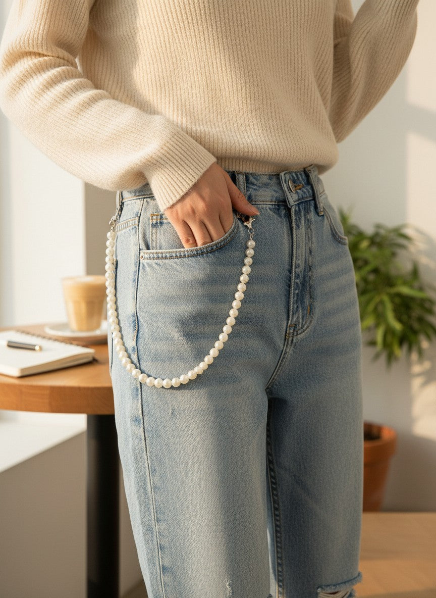 close up pearl jeans chain denim jewelry aesthetic detail design