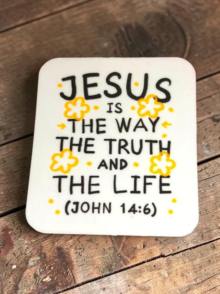 Permanent Sticker with 'Jesus is the way, the truth, and the life' quote on a wooden surface