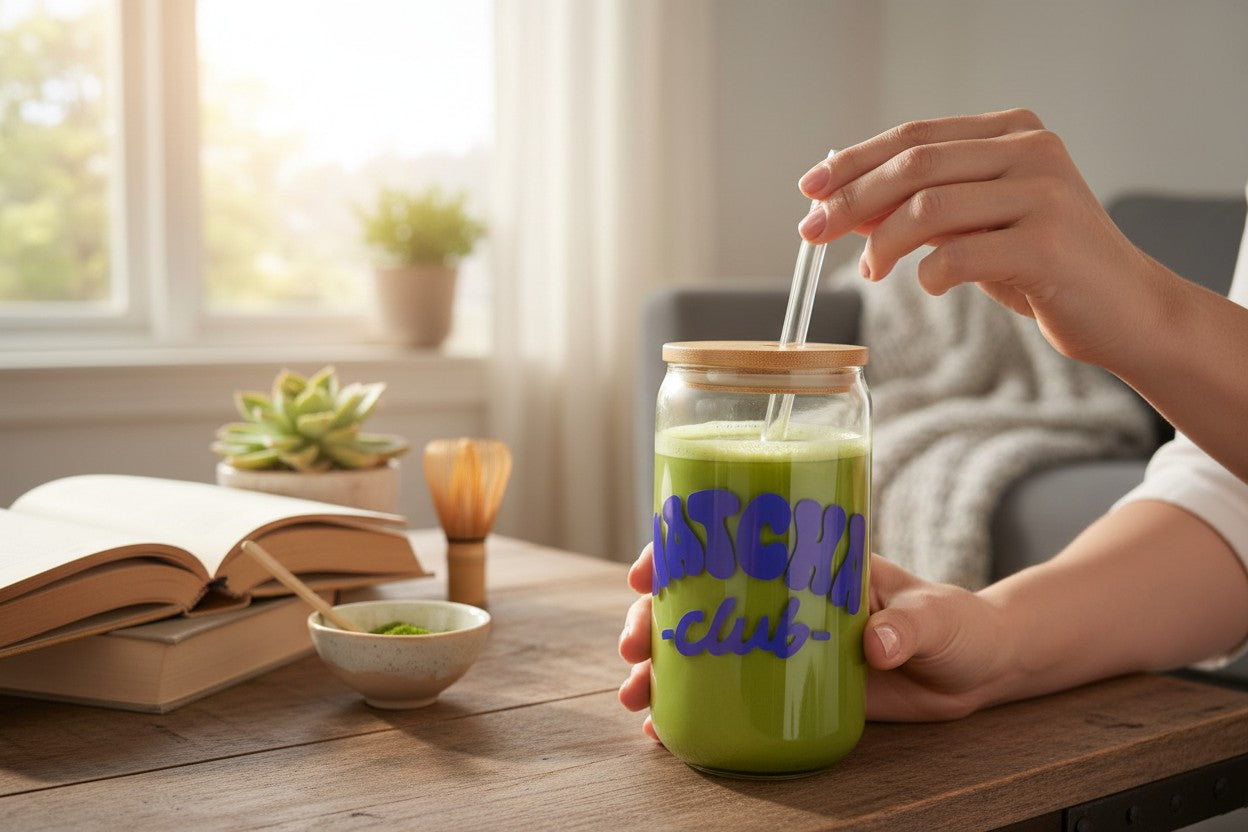 aesthetic matcha club vinyl cup glass drinkware design for iced matcha