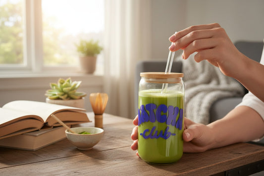 aesthetic matcha club vinyl cup glass drinkware design for iced matcha