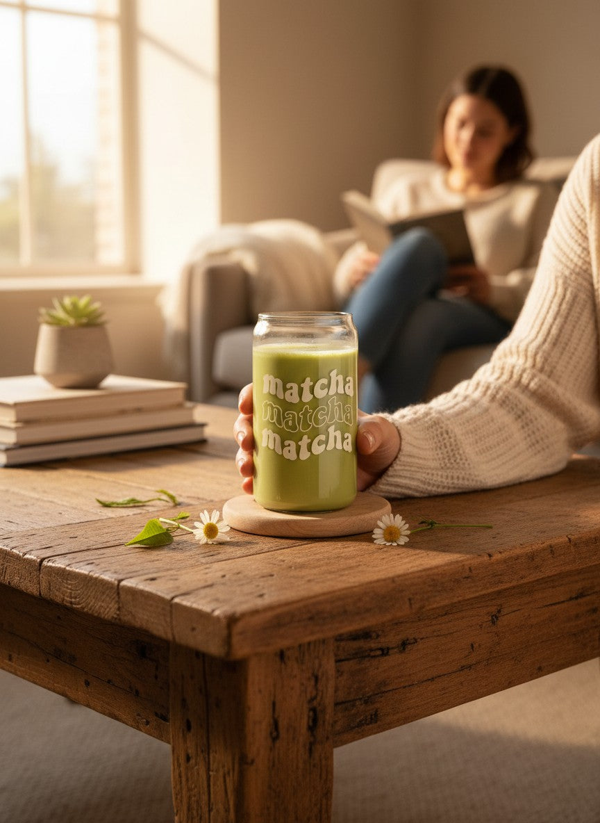 aesthetic matcha vinyl cup glass drinkware cup design for iced matcha