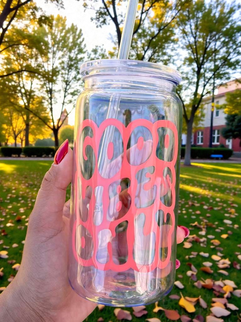 close up aesthetic vinyl cup good vibes only motivational quote drinkware