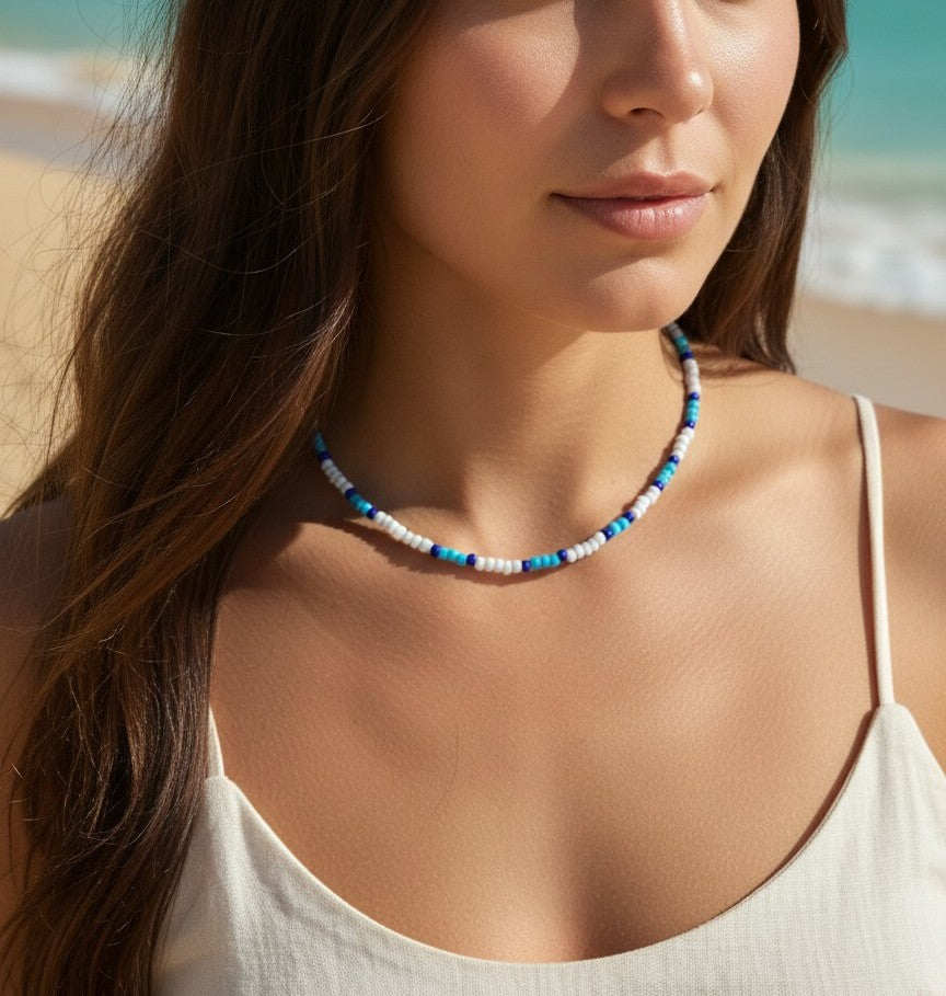 close up ocean blue deep necklace beaded jewelry aesthetic detail design