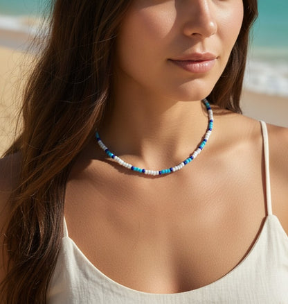 close up ocean blue deep necklace beaded jewelry aesthetic detail design