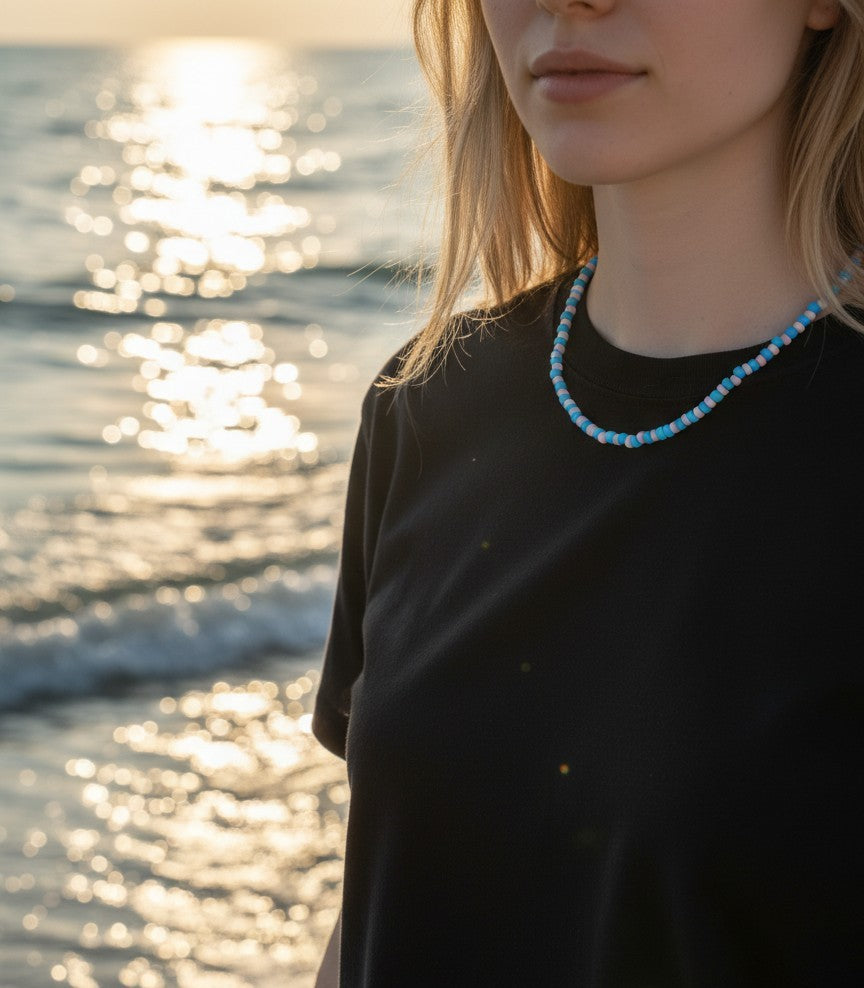 close up pink blue beaded necklace colorful jewelry detail aesthetic