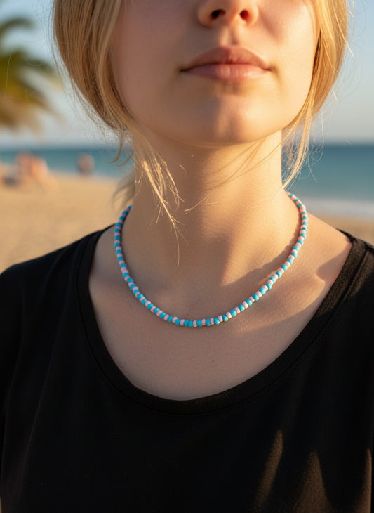 pink blue beaded necklace y2k aesthetic handmade jewelry design