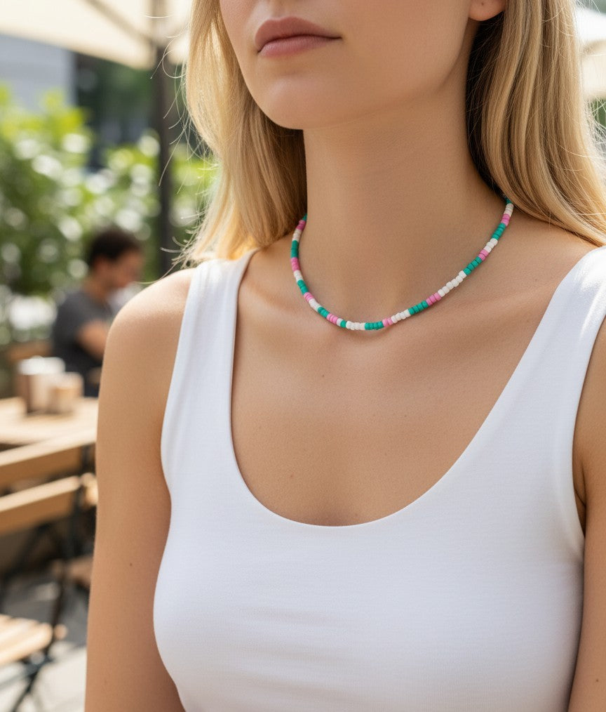 pink white turquoise choker aesthetic beaded necklace cute design