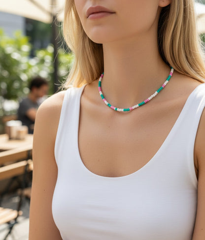 pink white turquoise choker aesthetic beaded necklace cute design