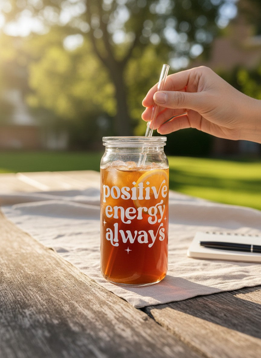 close up aesthetic vinyl cup positive vibes motivational drinkware detail