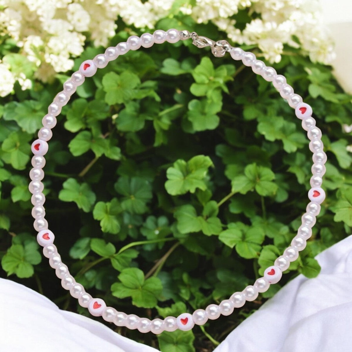 red heart pearl necklace cute aesthetic beaded jewelry romantic design