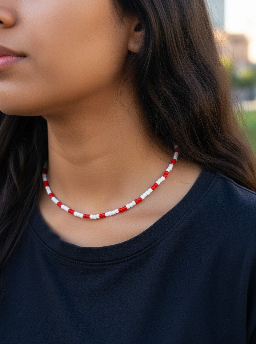 red and white simple necklace minimalist beaded aesthetic jewelry design