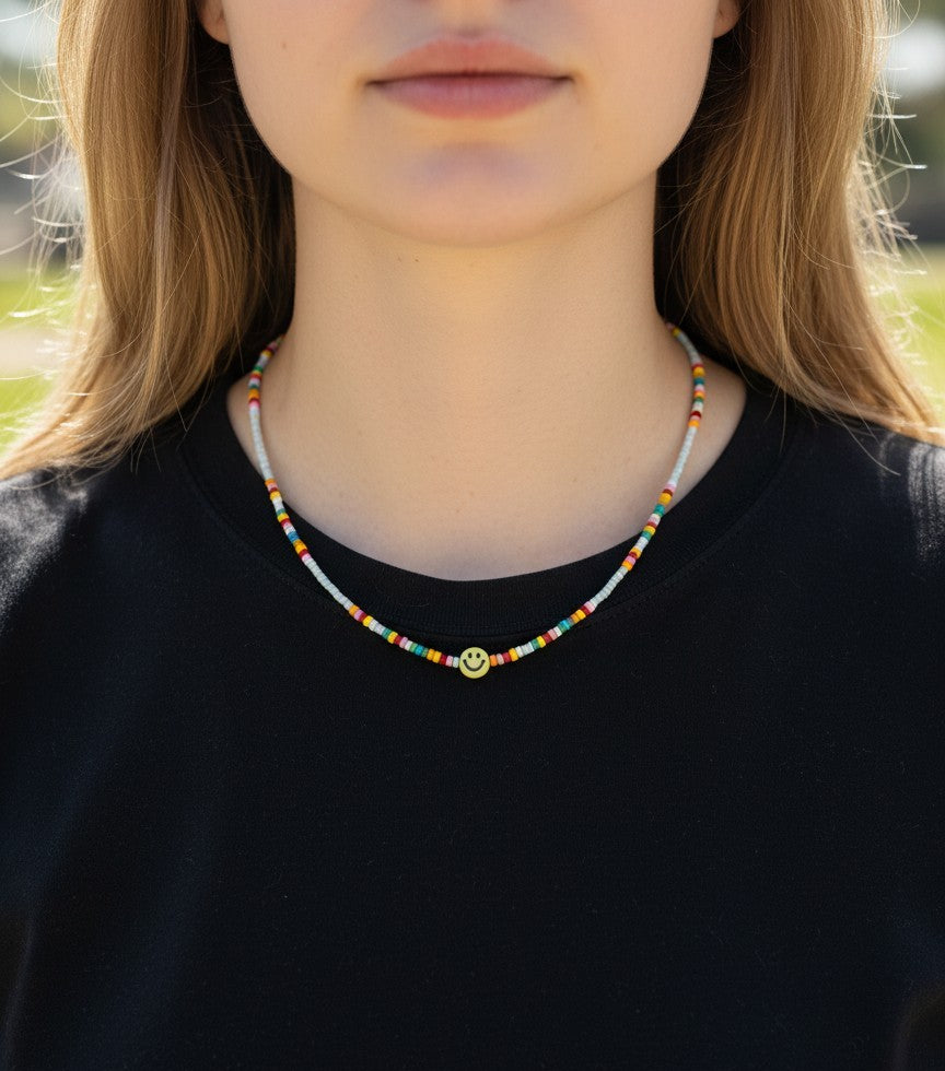 close up colorful smile necklace aesthetic jewelry happy cute design detail