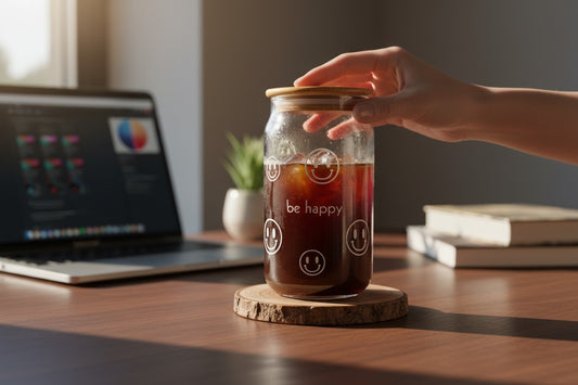 custom be happy vinyl glass cup aesthetic iced coffee tumbler close up