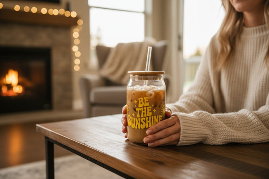custom be the sunshine vinyl glass cup aesthetic iced coffee tumbler close up