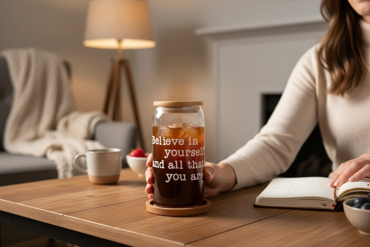 custom believe in yourself vinyl glass cup motivational iced coffee tumbler close up