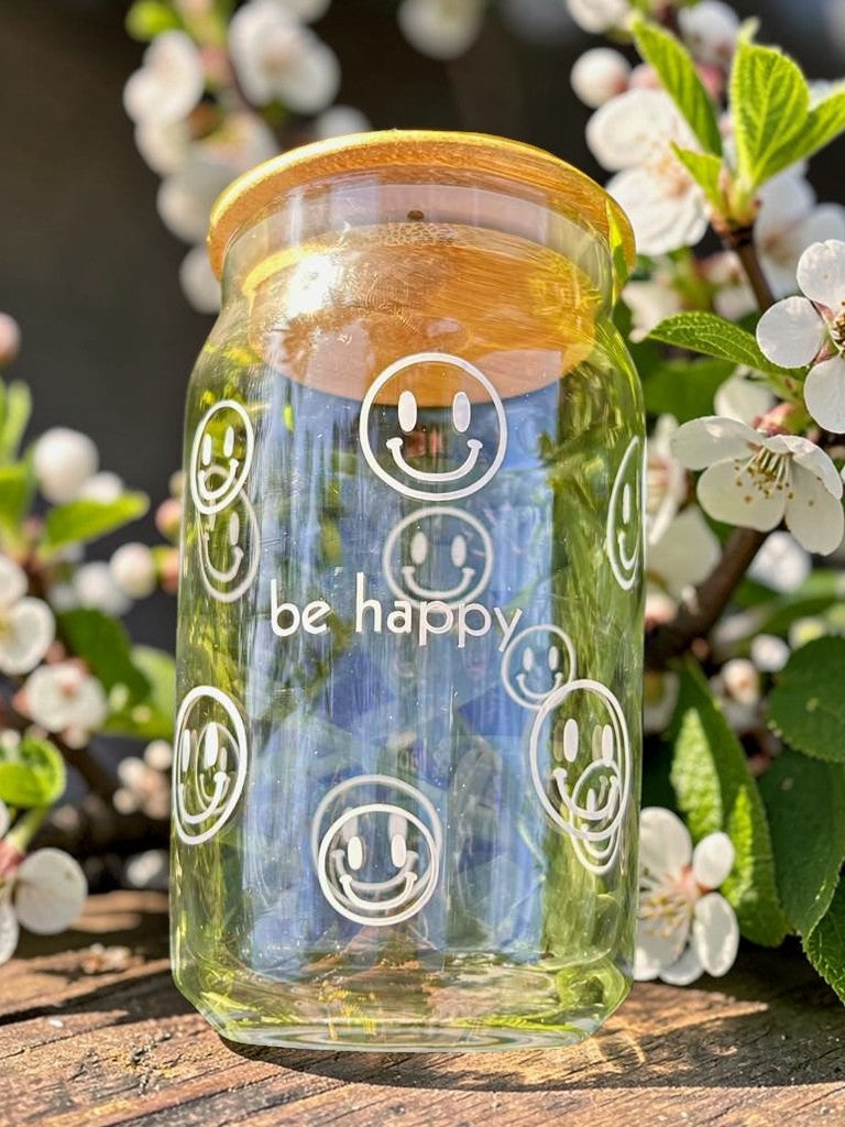 motivational be happy glass cup with vinyl design reusable aesthetic drinkware lifestyle