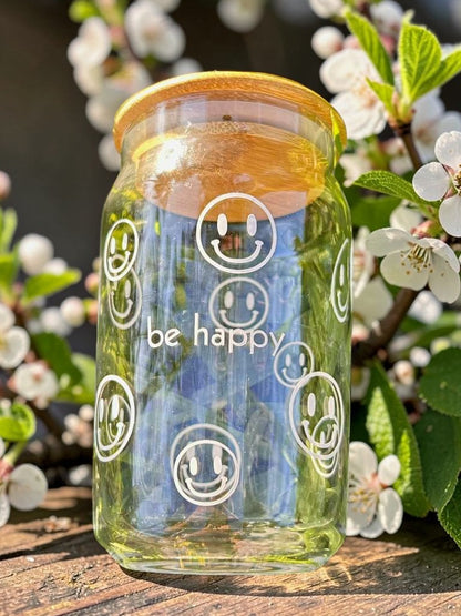 motivational be happy glass cup with vinyl design reusable aesthetic drinkware lifestyle